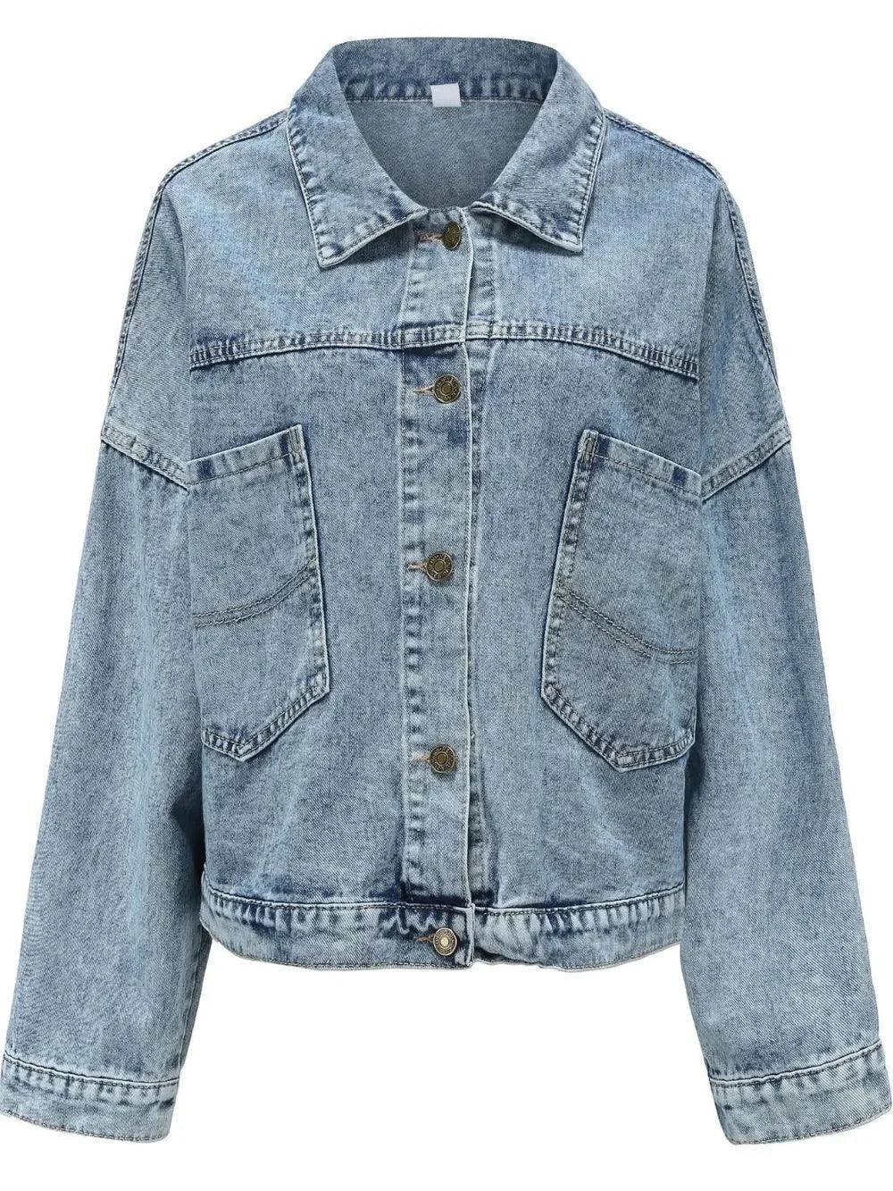 Button Down Drop Shoulder Denim Jacket - DAVERRI FASHIONS