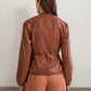 Drawstring Zip Up Leather Jacket - DAVERRI FASHIONS