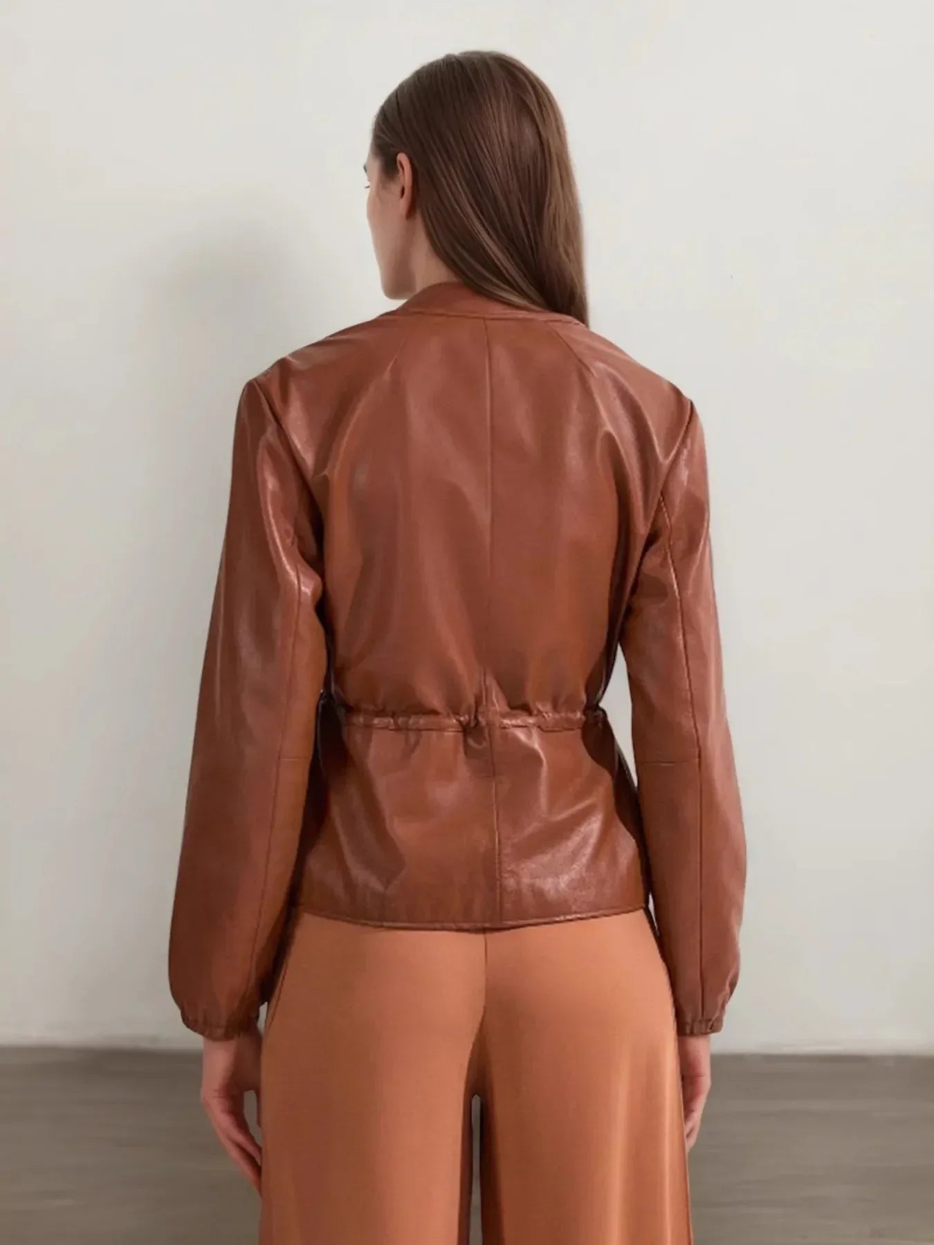 Drawstring Zip Up Leather Jacket - DAVERRI FASHIONS
