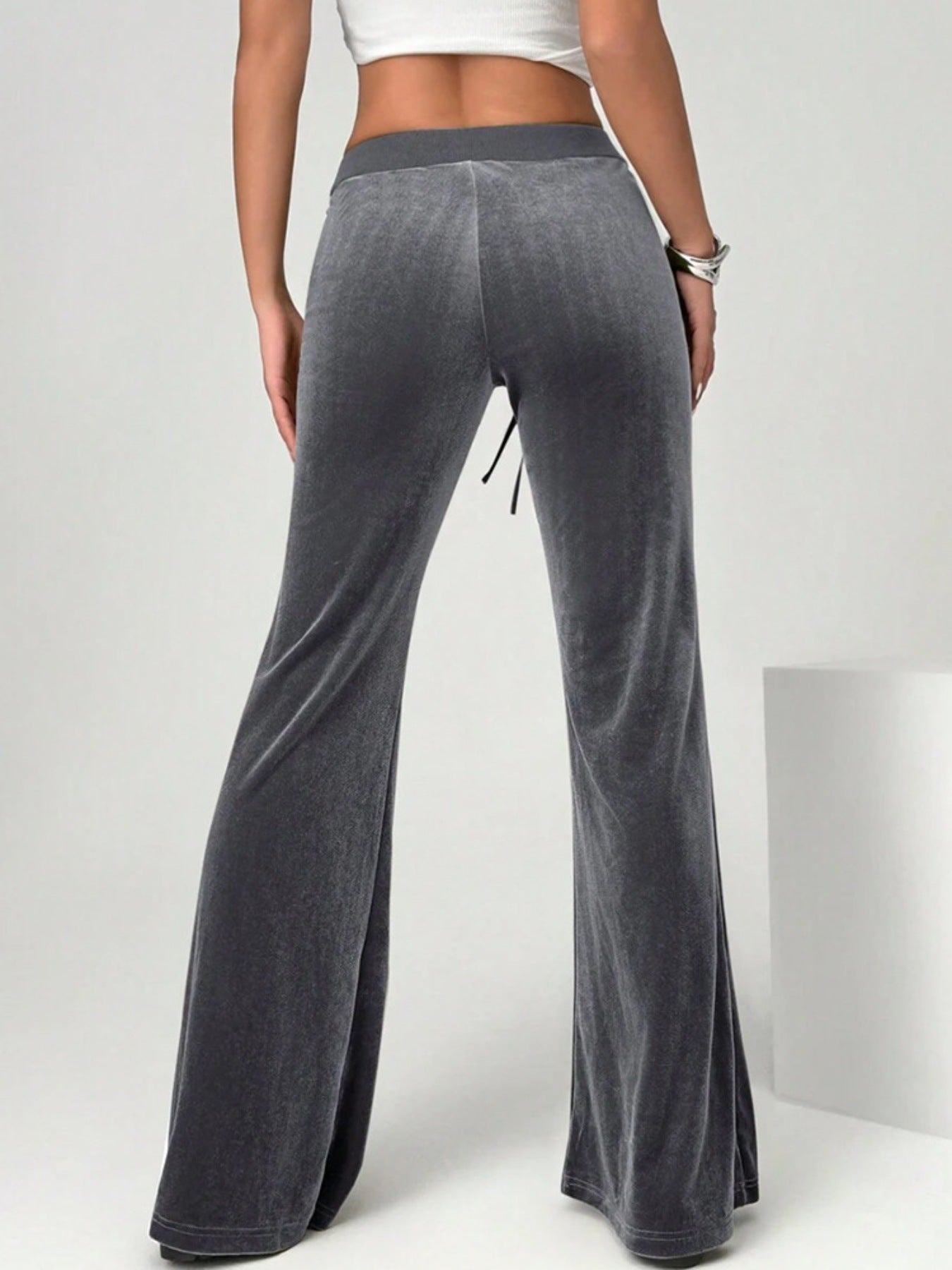 Daverri gray velvet flare pants with high waist and drawstring