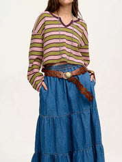 Daverri Fashions striped waffle texture V-neck long sleeve top with tiered denim skirt