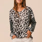 BiBi Leopard Hacci Knit Twist Back Top With Stripe Sleeve Tops