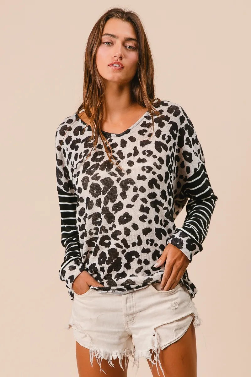 BiBi Leopard Hacci Knit Twist Back Top With Stripe Sleeve Tops