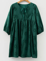 Embroidered Eyelet Pattern 3/4 Puffy Sleeve Swing Mini Dress | Mini Dresses Daverri Fashions