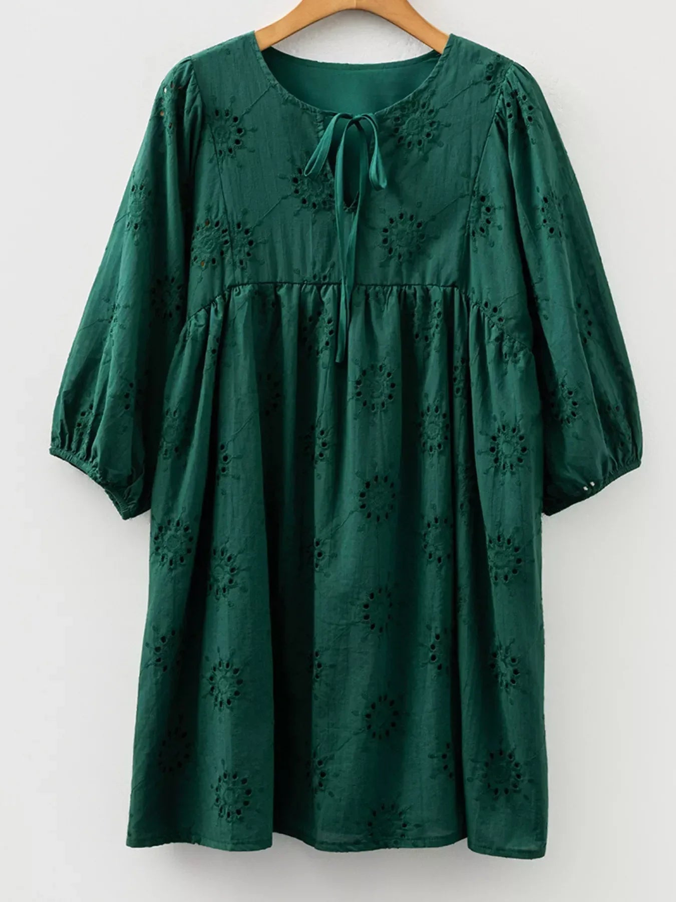 Embroidered Eyelet Pattern 3/4 Puffy Sleeve Swing Mini Dress - DAVERRI FASHIONS