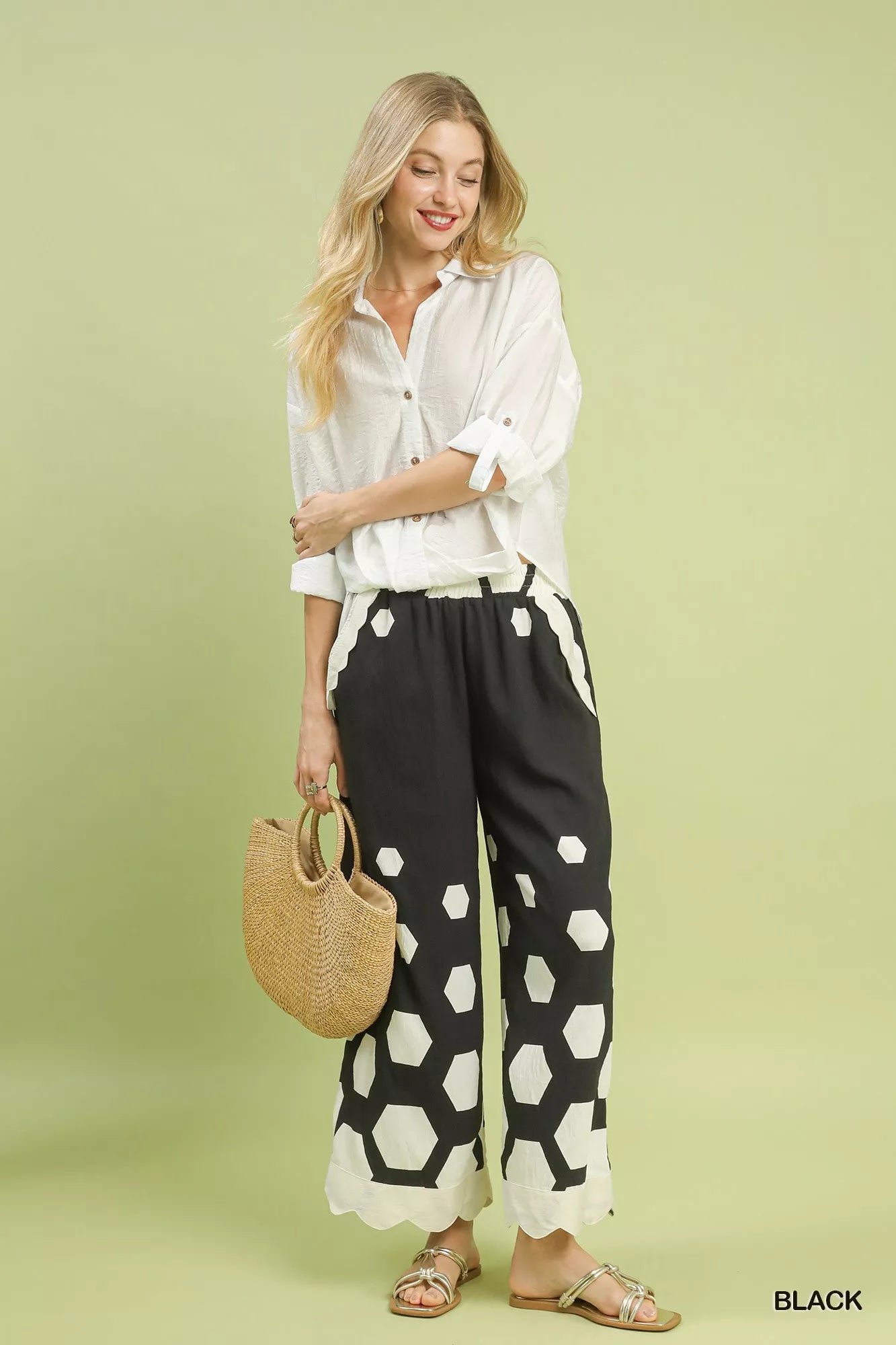 Black Umgee hexagon print wide-leg pants with scalloped hem