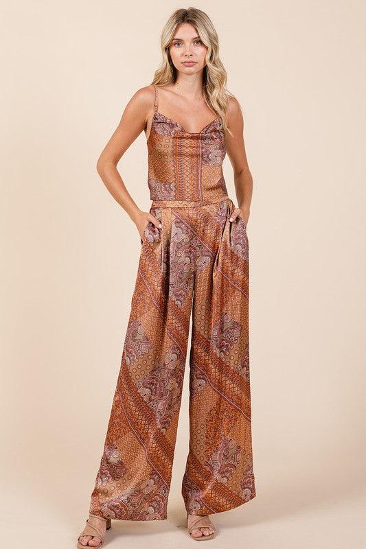 Mittoshop Paisley Patchwork Print Satin Wide Leg Pants Pants