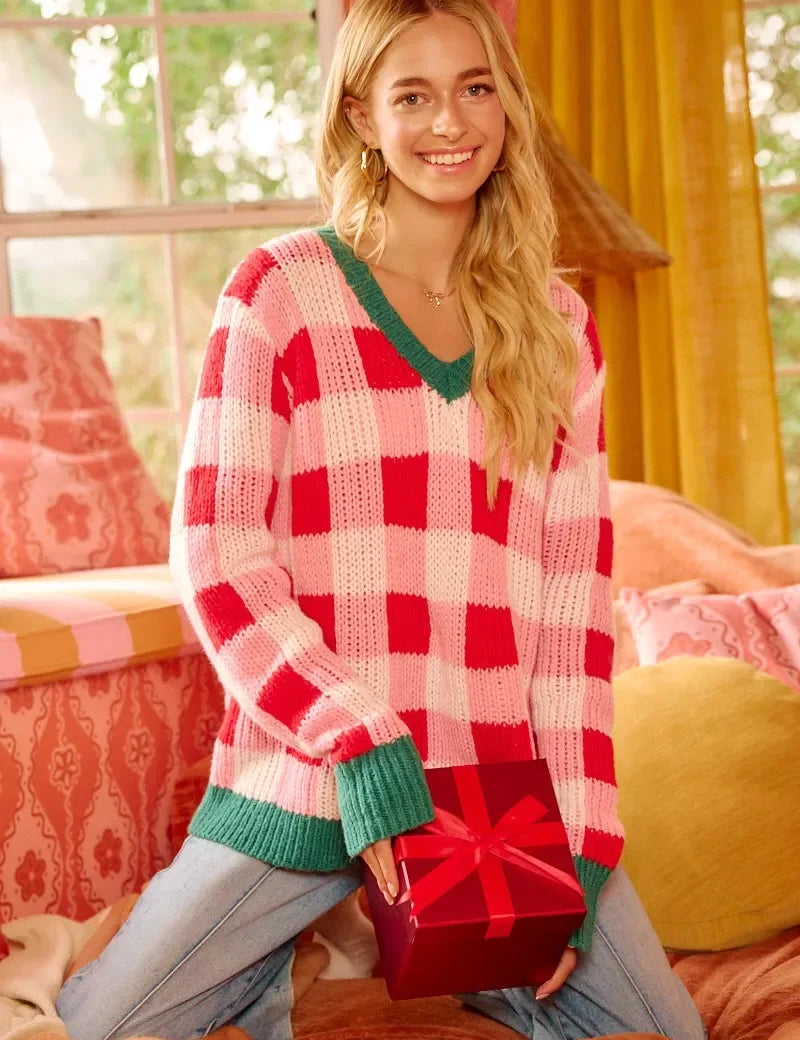 BiBi red white plaid oversized Christmas sweater with green accents