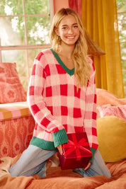 BiBi red white plaid oversized Christmas sweater with green accents