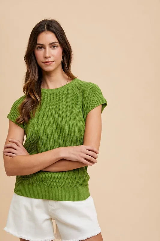 Annie Wear Round Neck Short Sleeve Sweater Moss Sweaters