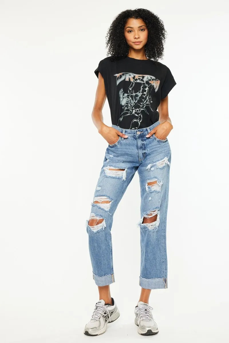 MEDIUM Kancan Mid Rise Distressed Boyfriend Fit Jeans | Jeans Daverri Fashions