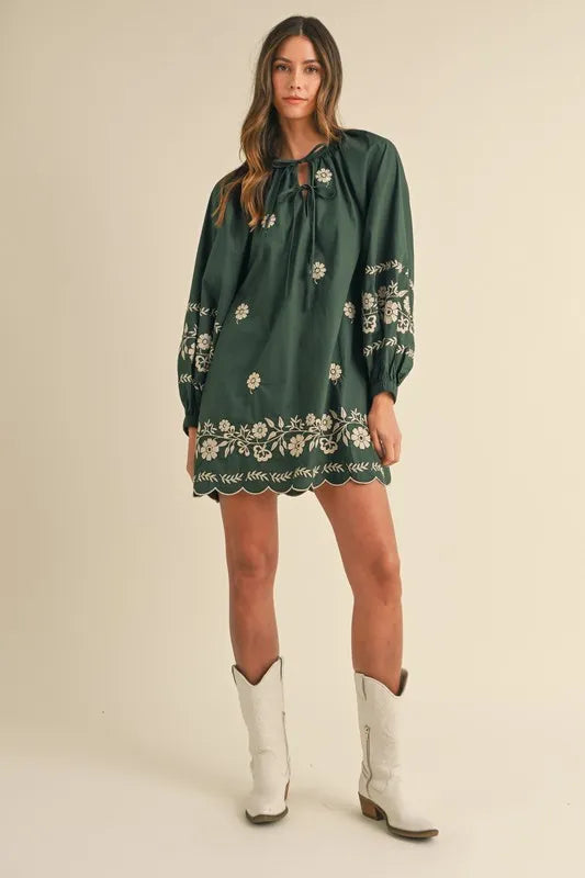 MABLE Embroidered Long Sleeve Peasant Mini Dress