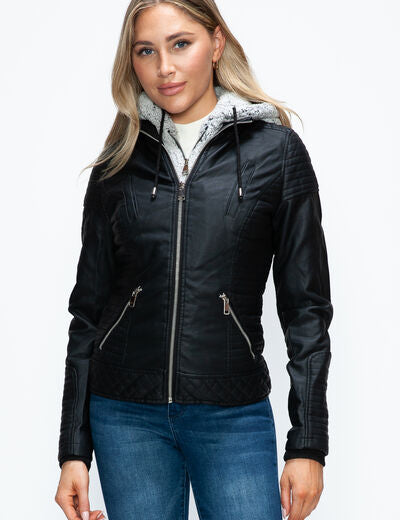 YMI Faux Layered Double-Zipper Jacket with Fuzzy Hood Black