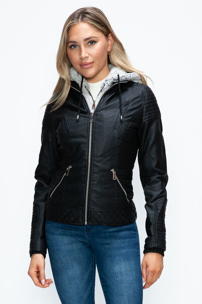 YMI Faux Layered Double-Zipper Jacket with Fuzzy Hood Black