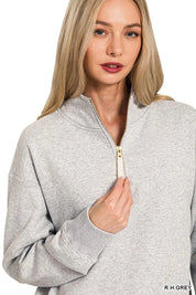 Zenana Fleece Half Zip Sweatshirt Grey | Sweatshirts Daverri Fashions