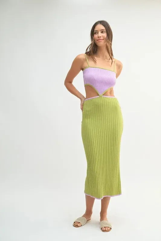 MABLE Lime Ribbed Knit Color Block Cutout Midi Dress - DAVERRI FASHIONS