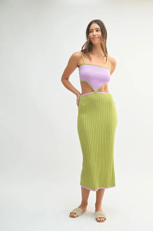 MABLE Lime Ribbed Knit Color Block Cutout Midi Dress Midi Dresses