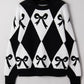 Bow Pattern Long Sleeve Contrast Sweater - DAVERRI FASHIONS