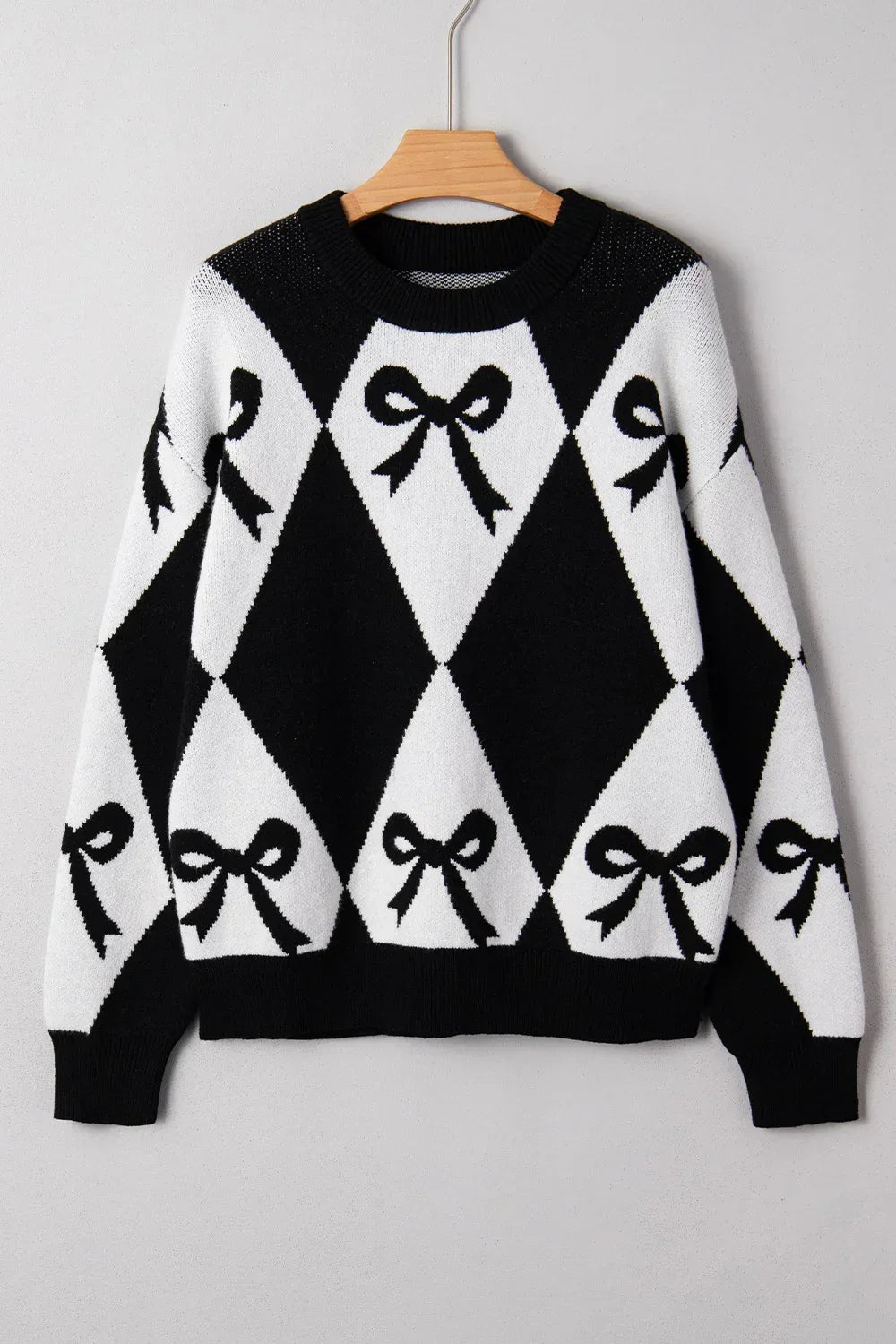 Bow Pattern Long Sleeve Contrast Sweater - DAVERRI FASHIONS