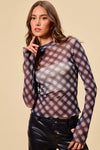 SO ME plaid mesh knit long sleeve top with thumb opening in brown and gray