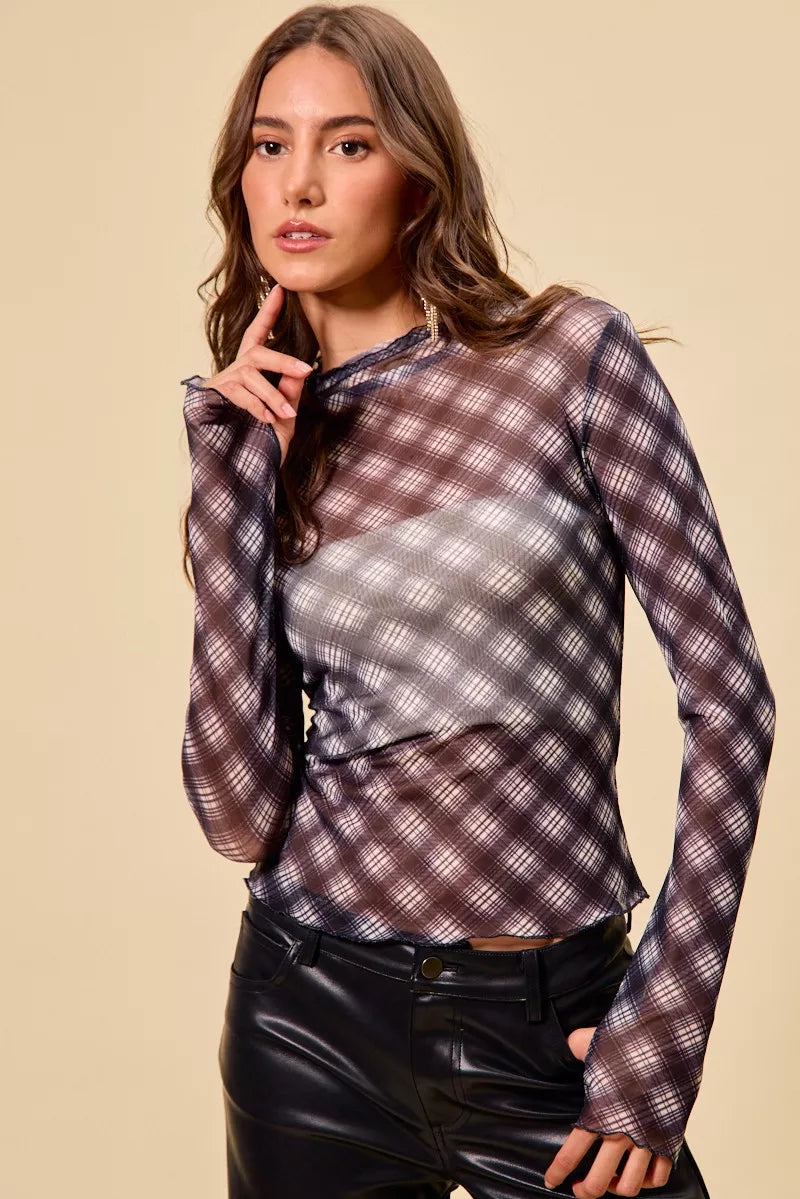 SO ME plaid mesh knit long sleeve top with thumb opening in brown and gray