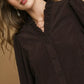 Umgee Corduroy Ruffle Shirt with Long Puff Sleeves - DAVERRI FASHIONS