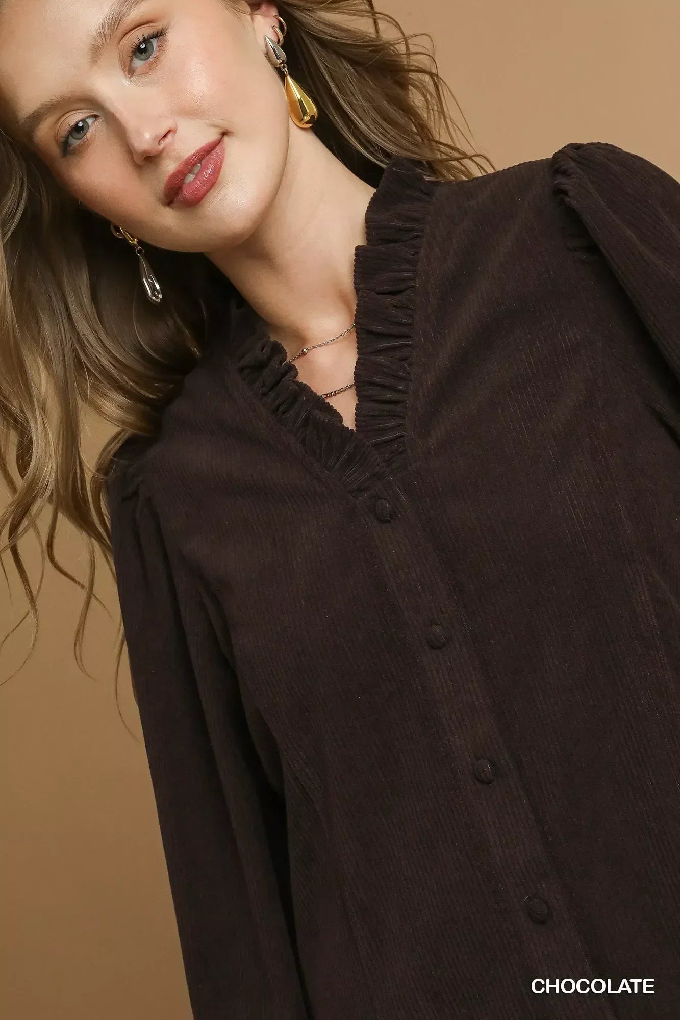 Umgee Corduroy Ruffle Shirt with Long Puff Sleeves - DAVERRI FASHIONS