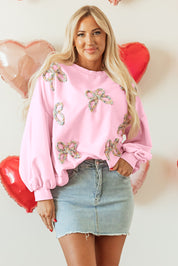 Light Pink 65%Polyester+35%Cotton Embroidered Bow Lantern Sleeve Oversized Pullover Sweatshirt | Tops/Sweatshirts & Hoodies Daverri Fashions