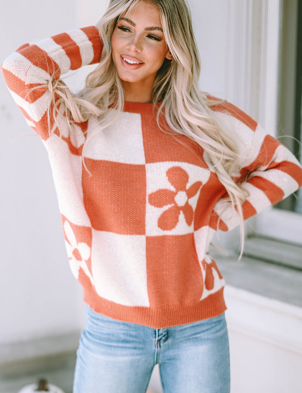 Orange 100%Polyester Checkered Floral Print Striped Sleeve Sweater | Sweaters Daverri Fashions