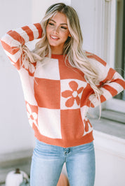 Orange 100%Polyester Checkered Floral Print Striped Sleeve Sweater | Sweaters Daverri Fashions