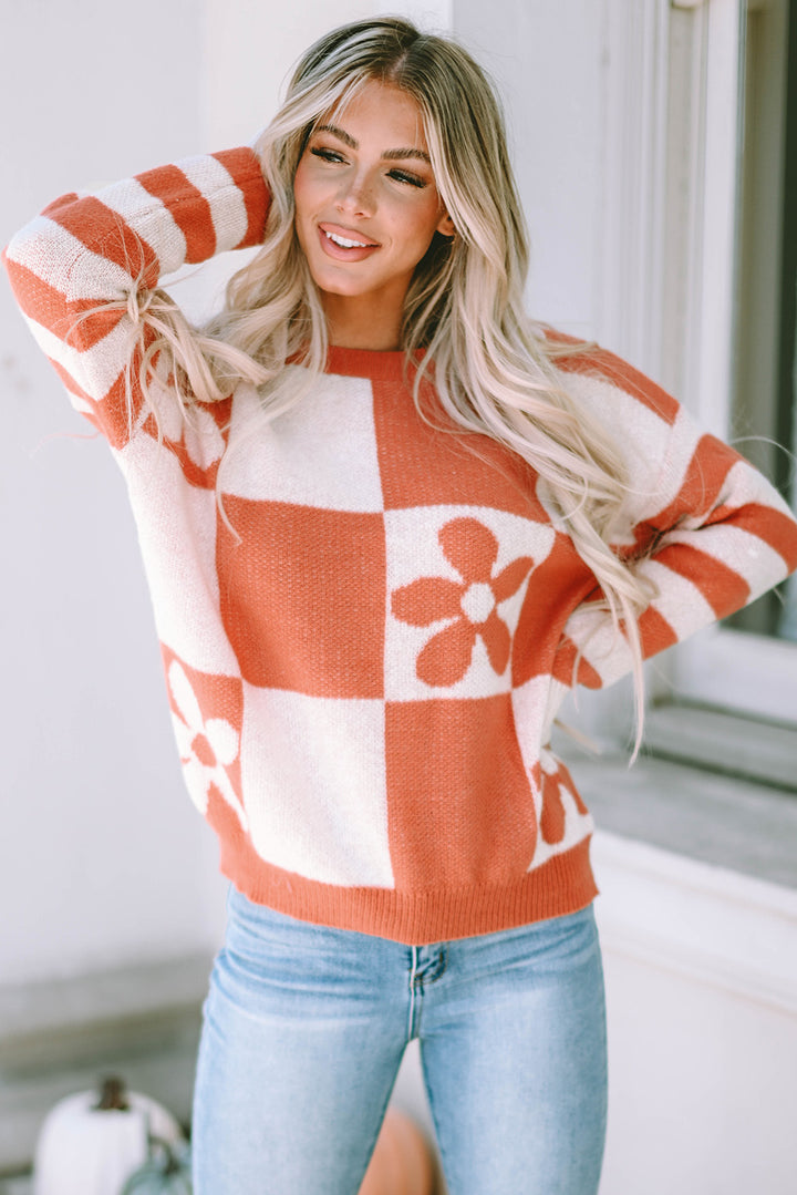 Orange 100%Polyester Checkered Floral Print Striped Sleeve Sweater | Sweaters Daverri Fashions