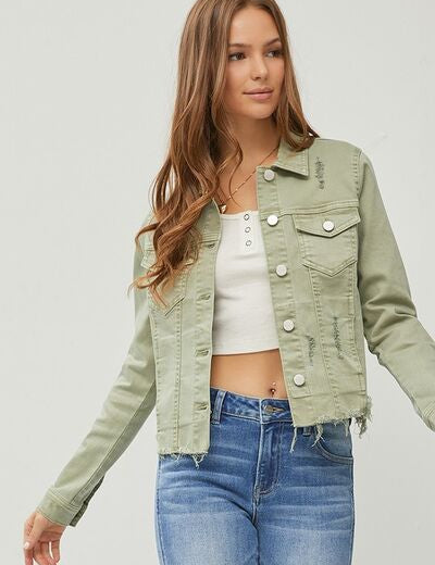 RISEN Full Size Raw Hem Button Up Cropped Denim Jacket Plus Size Sage