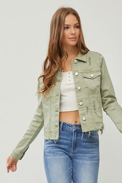 RISEN Full Size Raw Hem Button Up Cropped Denim Jacket Plus Size Sage