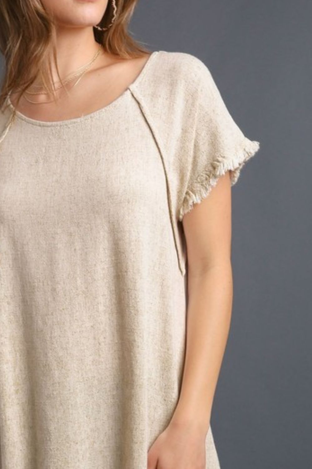 Umgee Full Size Seam Detail Linen Ruffle Fringe Edge Top Plus Size Tops