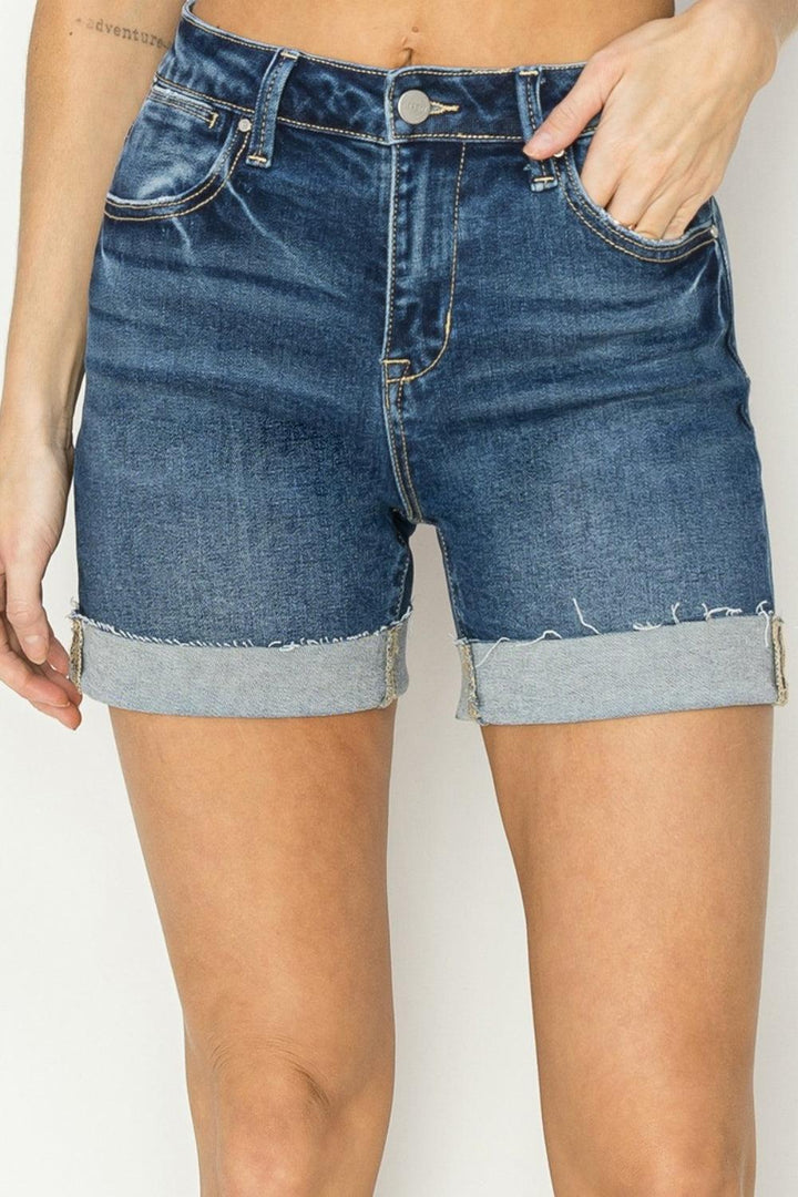 RISEN High Rise Cuffed Denim Shorts Dark Shorts