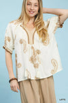 Umgee Paisley embroidered short puff sleeve top with gold embroidery
