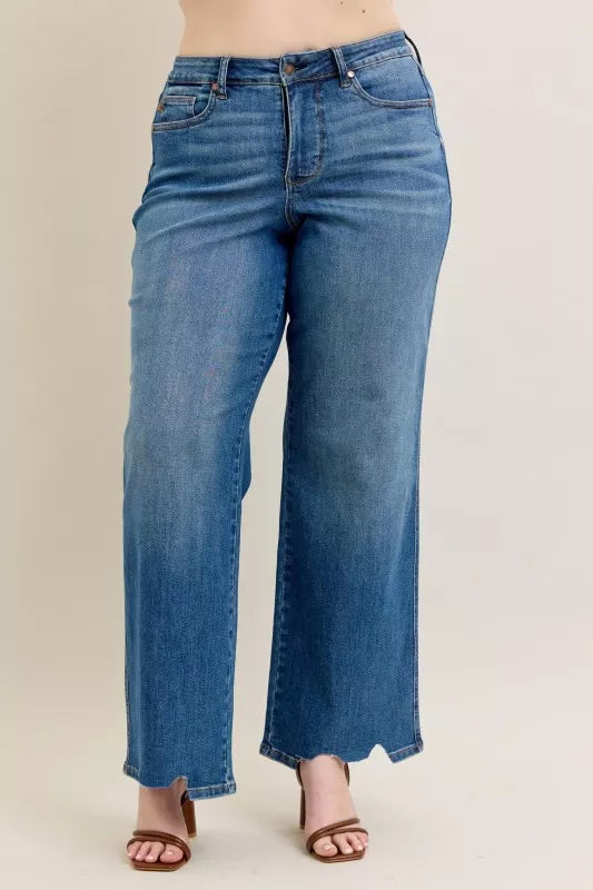 Judy Blue Full Size High Waist Tummy Control Chew Hem Destroy Wide Jeans Plus Size | Jeans Daverri Fashions