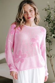 Sea Green Dulce Big Flower Hollowed Knit Drop Shoulder Sweater | Sweaters Daverri Fashions
