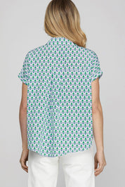 She + Sky Full Size Printed Johnny Collar Short Sleeve Blouse Plus Size | Blouses Daverri Fashions