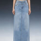 Raw hem light-wash denim maxi skirt high waist straight cut