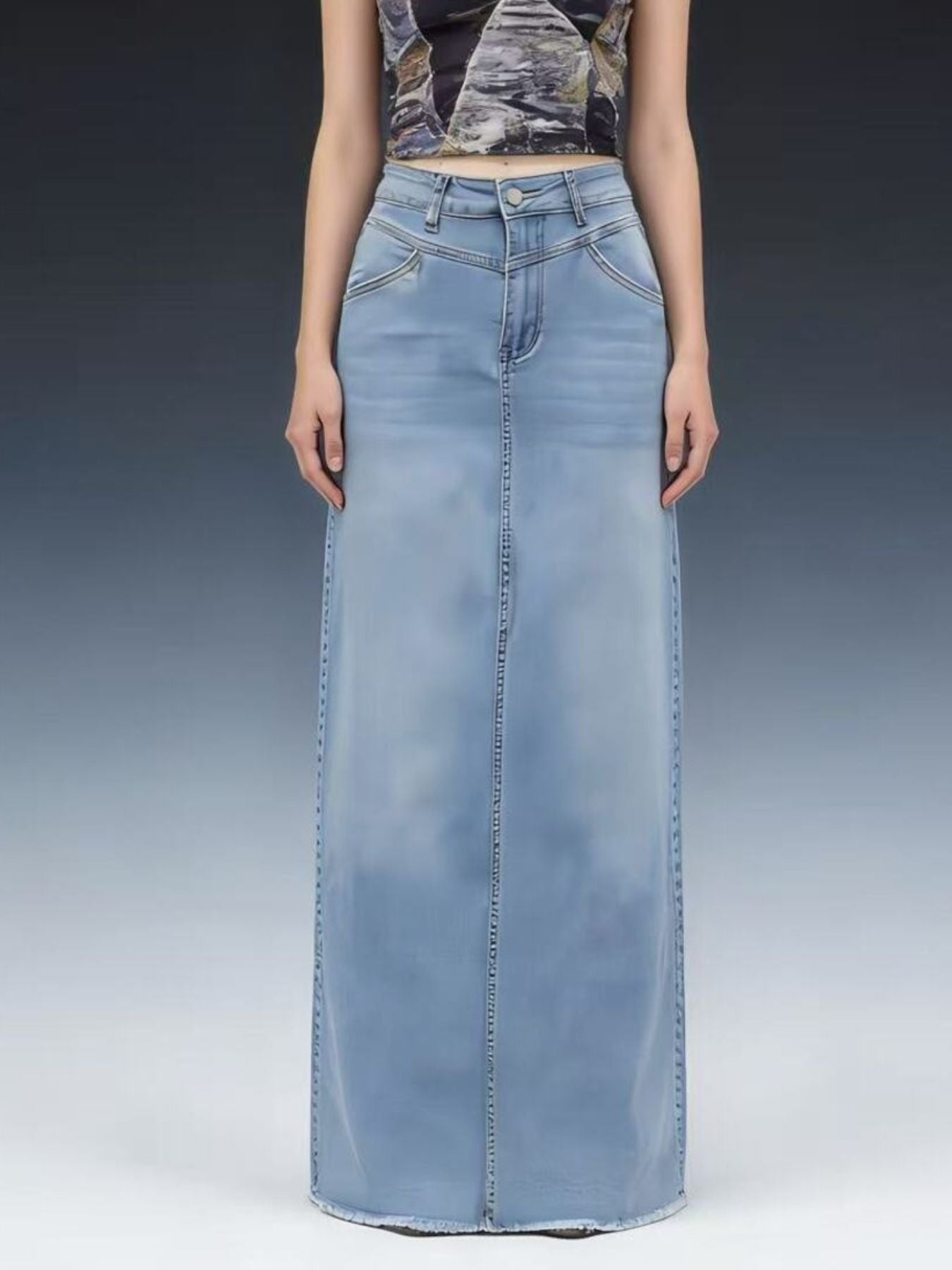 Raw hem light-wash denim maxi skirt high waist straight cut