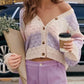 Soft off-shoulder Color Block Button Up Cardigan in cream-lavender gradient