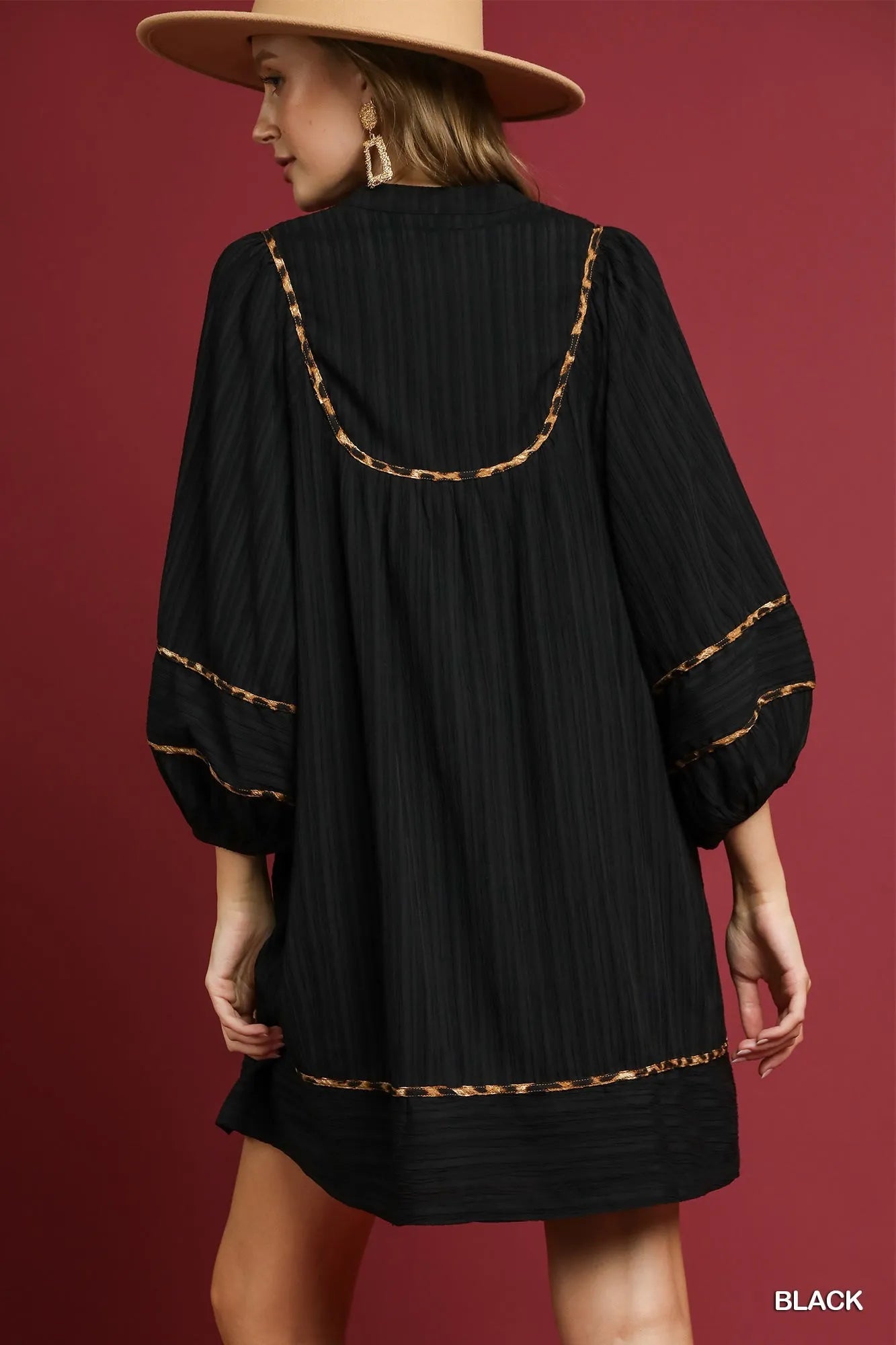 Umgee Full Size Textured Babydoll Dress with Leopard Trim Plus Size | Daverri Fashions