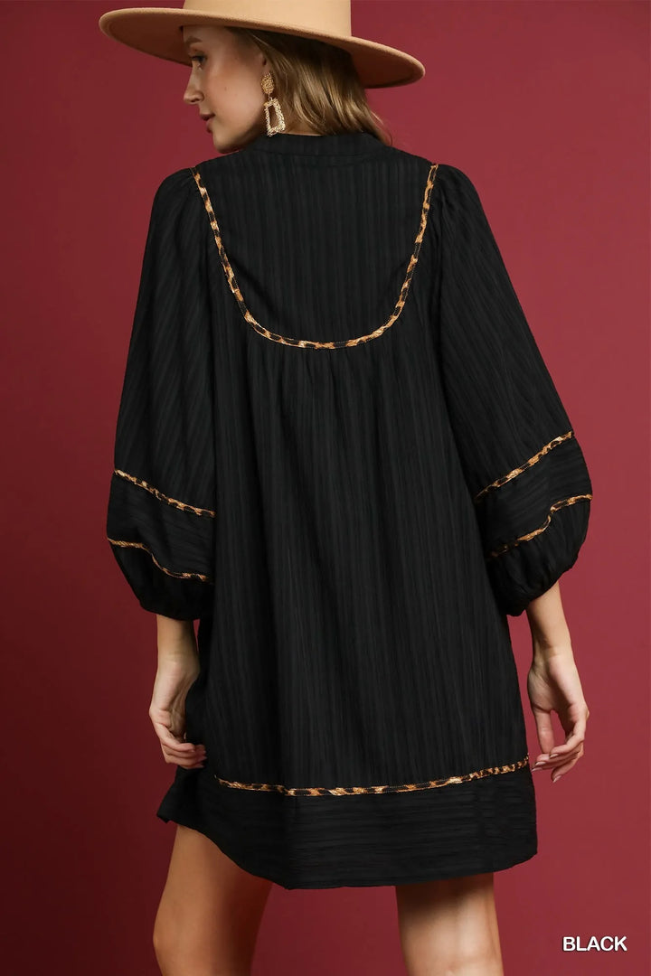 Umgee Full Size Textured Babydoll Dress with Leopard Trim Plus Size