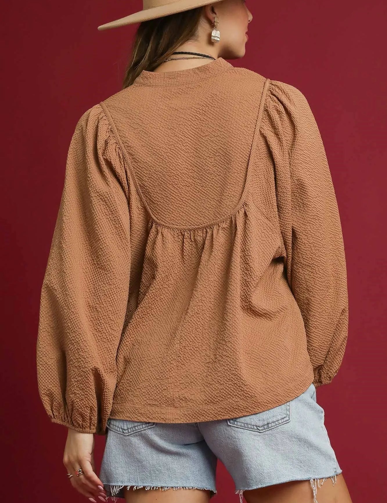 Umgee Textured Notched Blouse with Balloon Sleeves Mocha | Blouses Daverri Fashions