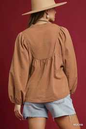 Umgee Textured Notched Blouse with Balloon Sleeves Mocha | Blouses Daverri Fashions