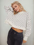 Daverri white cropped heart-patterned round neck sweater with black butterfly prints and large bow sleeve