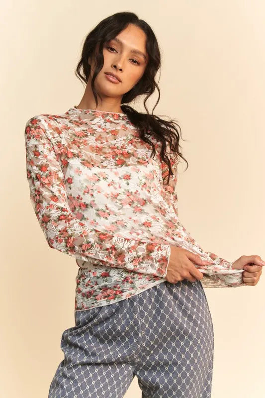 Davi & Dani Floral Print Mesh Long Sleeve Layering Top White Orange Floral