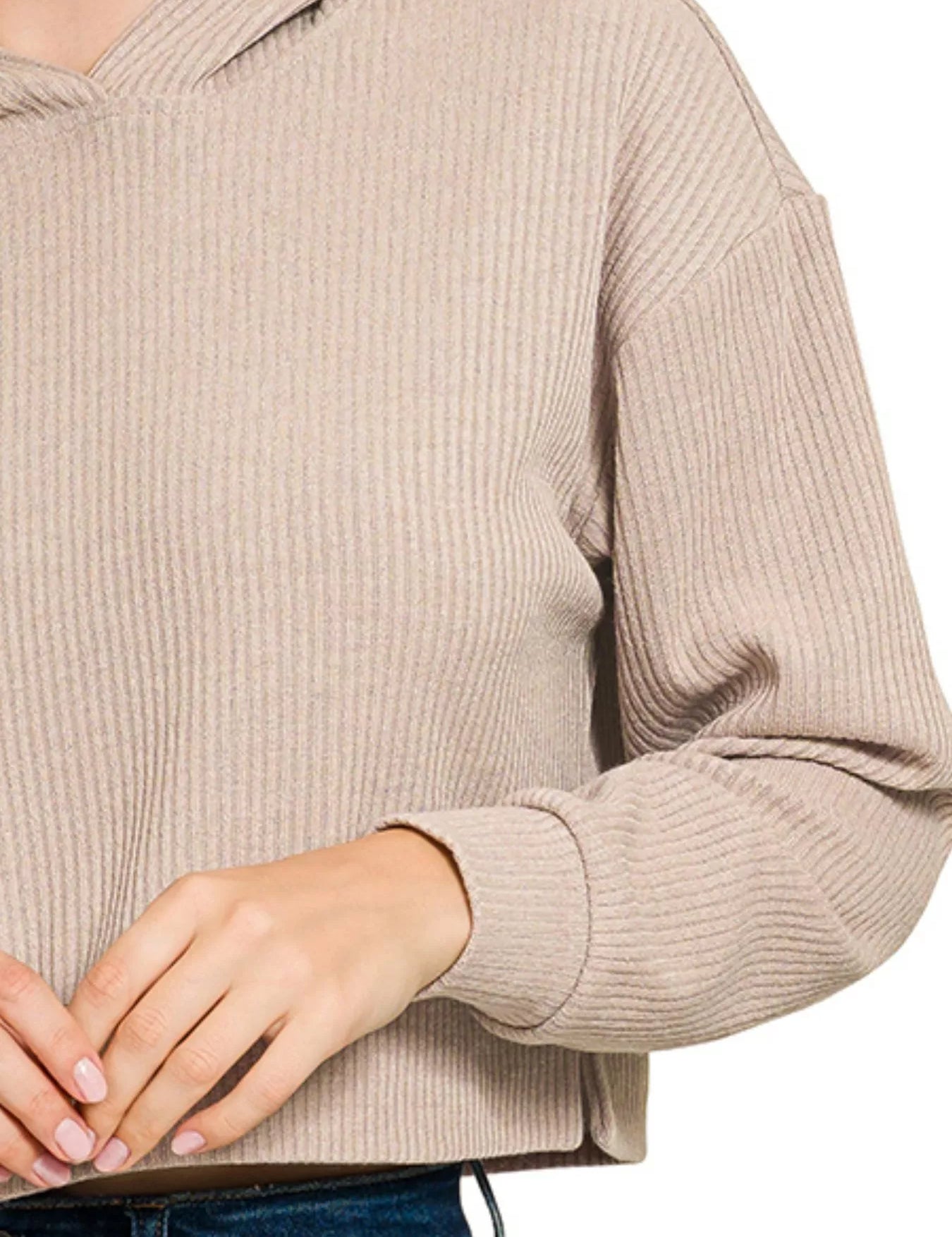 Zenana Drop Shoulder Ribbed Crop Hoodie Ash Mocha | Hoodies Daverri Fashions