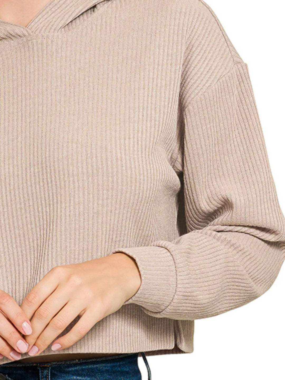 Zenana Drop Shoulder Ribbed Crop Hoodie Ash Mocha | Hoodies Daverri Fashions